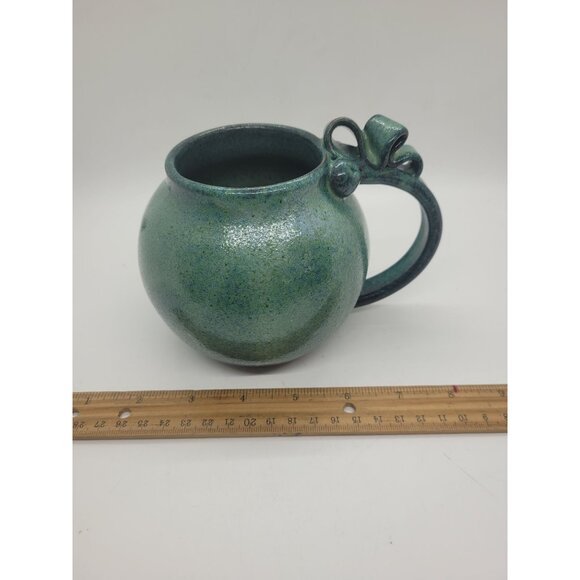 Handthrown Pottery Green Ceramic Mug Ornate Handle Signed Artesian cottage core - Picture 5 of 9